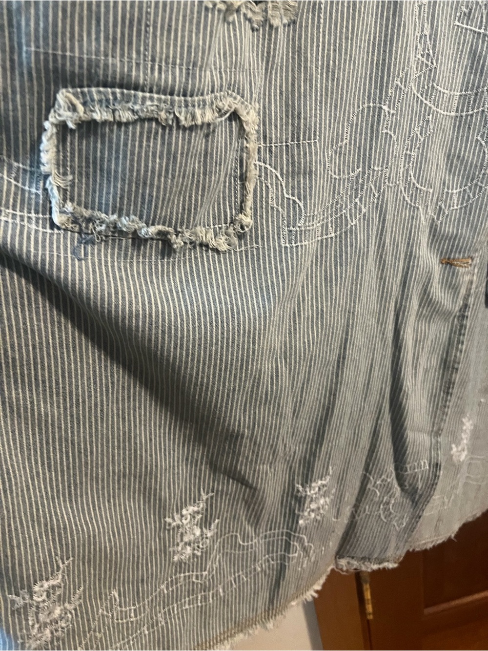 POL Light Blue Striped Trench Coat with White Distressed Detail - Picture 4 of 6